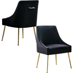 Mid-Century Modern Velvet Dining Chairs Set of 2, Upholstered Accent Chair with Gold Handle and Polished Metal Legs for Dining Room Living Room Bedroom, Black