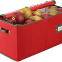 ZOBER Large Christmas Ornament Storage Box - Stores 54 4" Large Ornaments, With Dividers - Ornament Organizer Storage Box, Durable Christmas Containers Holder, Dual Zipper - Red