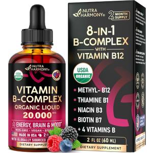 USDA Organic Vitamin B-Complex B5 Pantothenic Acid | B12 Methylcobalamin | B1 Thiamine | B6 Pyridoxine | B7 Biotin | B9 Folic | B3 Niacinamide - B Complex Liquid Drops, Made in USA Supplement, 2fl oz