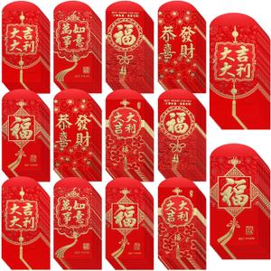 Winlyn 240 Pcs 6 Designs Chinese New Year Red Envelopes Bulk Lucky Money Pockets Hong Bao Lai See Red Packets Lucky Cash Envelopes for Asian Vietnamese Chinese Lunar New Year 2026 Year of the Horse