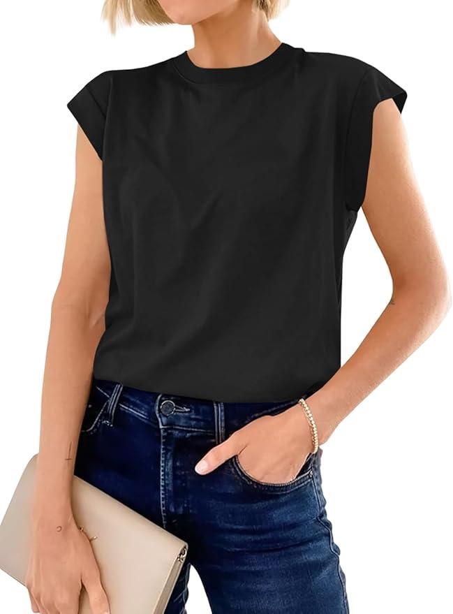 Cicy Bell Womens Cap Sleeve Cotton Tank Tops Summer Casual Loose Fit T Shirts Crew Neck Basic Tee,L