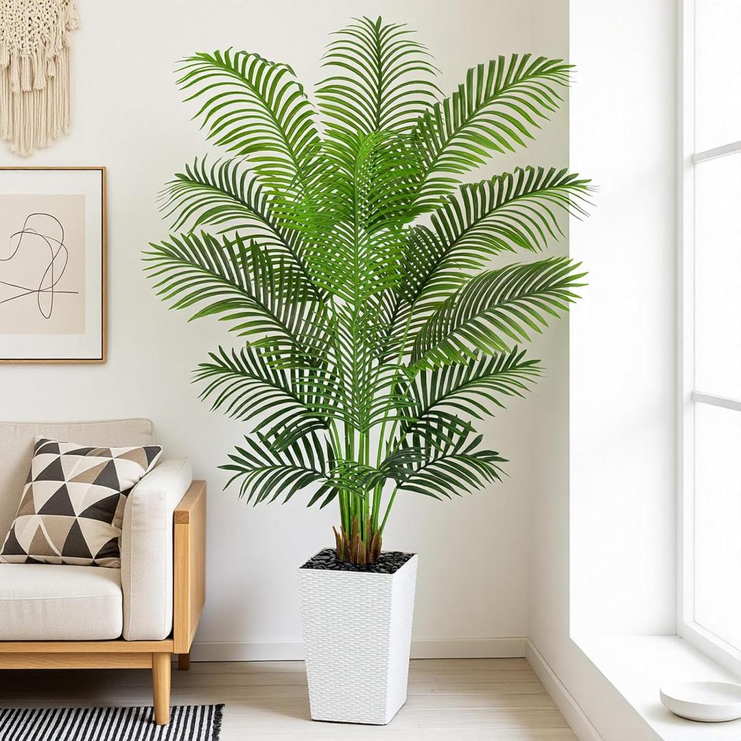 6ft Artificial Palm Tree with White Planter - Tall Fake Palm Tree Indoor Fake Tropical Plant for Home Office Living Room Bedroom Modern Decor