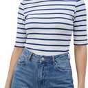 Zengjo Womens Striped Shirt Mock Neck Elbow Length Slim Fitted Short Sleeve Ribbed Turtleneck Tops (Large, White Blue Striped)