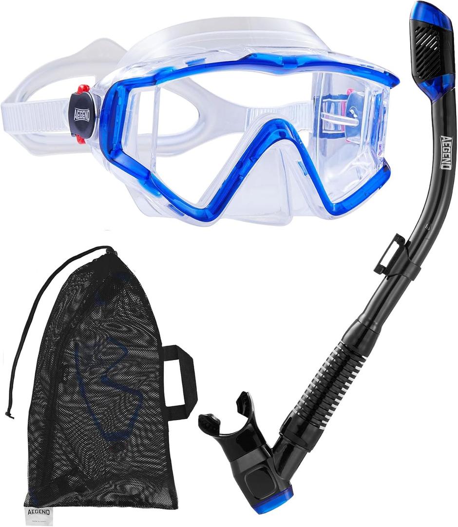 Aegend Snorkeling Gear for Adults, Dry Snorkel Set Panoramic View Enhanced Anti-Leak and Anti-Fog Technology, Adjustable Strap for Snorkeling Scuba Diving Swimming with Mesh Bag