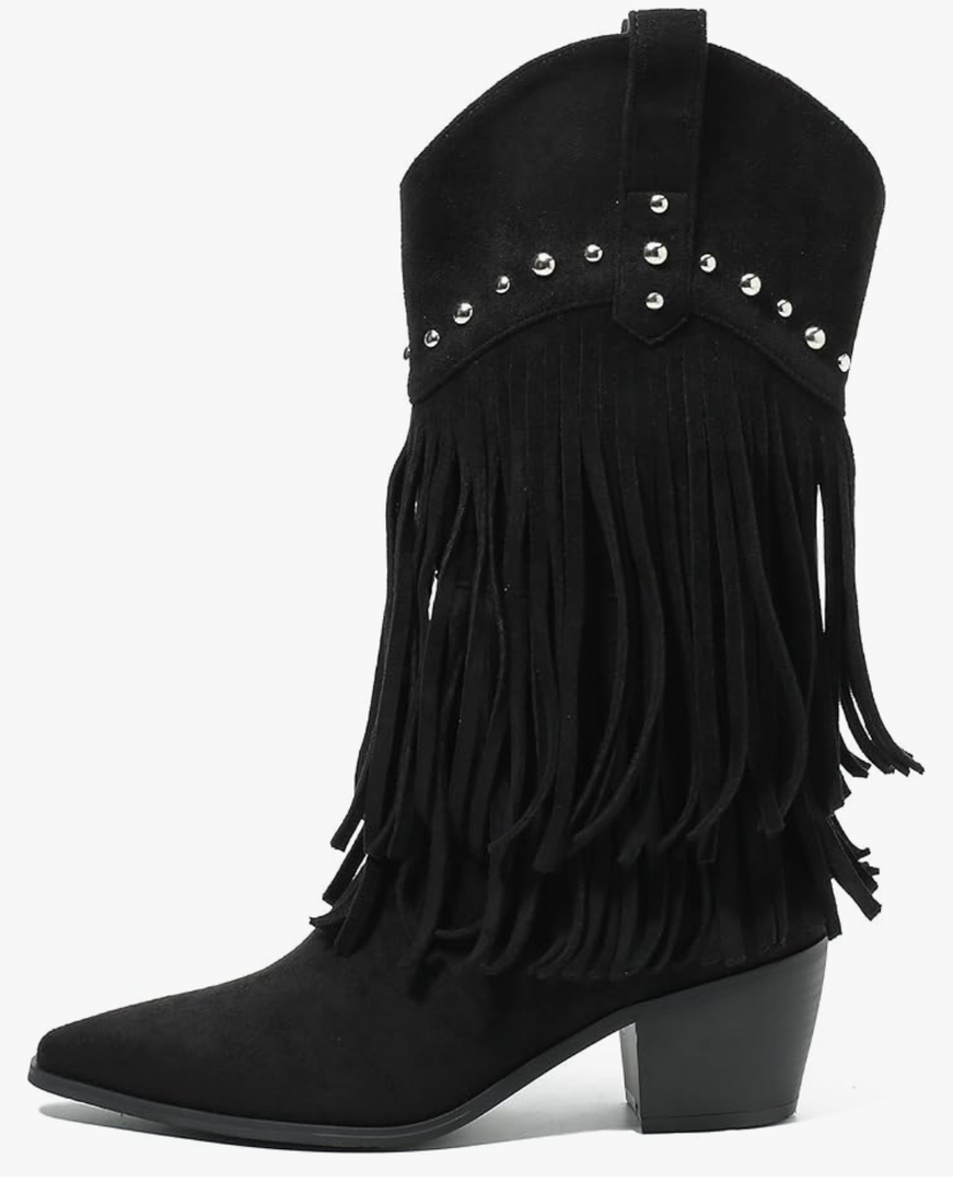 fereshte Fringe Boots For Women Stud Western Tassel Riding Cowgirl Cowboy Mid Calf Pull On Boots Size 7