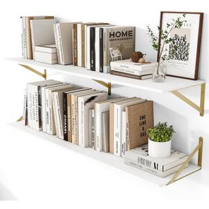 Heimlove 48W x 12D Deep Floating Shelves Set of 2 White & Gold, 48wx12dx5.8h