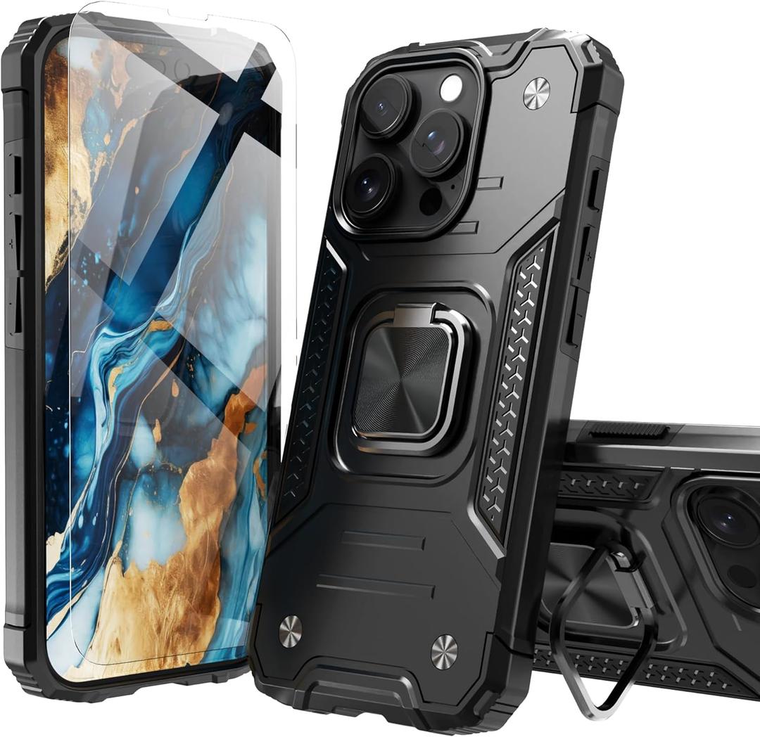 for iPhone 16 Pro Max Case with Screen Protector Black for Men Women,Hybrid Drop Test Cover with Car Mount Kickstand Slim Fit Protective Sturdy Case for iPhone 16 Pro Max 6.9 Inch,Black