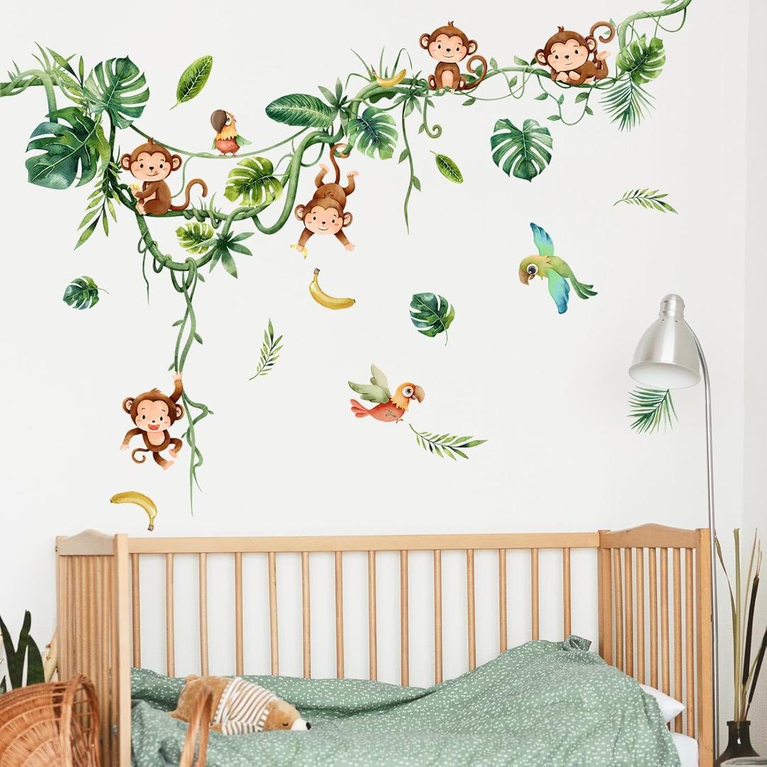 Supzone Monkey Climbing Tree Wall Decals Jungle Animals Birds Stickers Vine Green Leaves Art Decor for Baby Nursery Kids Room Living Room