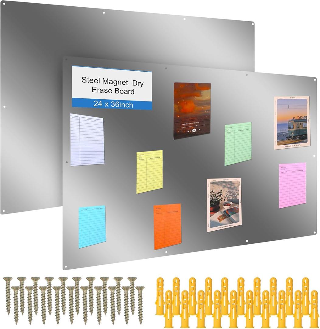 Ireer 24 x 36 Inch Magnetic Board Steel Magnet Bulletin Boards for Walls to Display Magnetic Notes Photos for Home Classroom Office, Pre Drilled with Screws and Dry Wet Erase Feature
