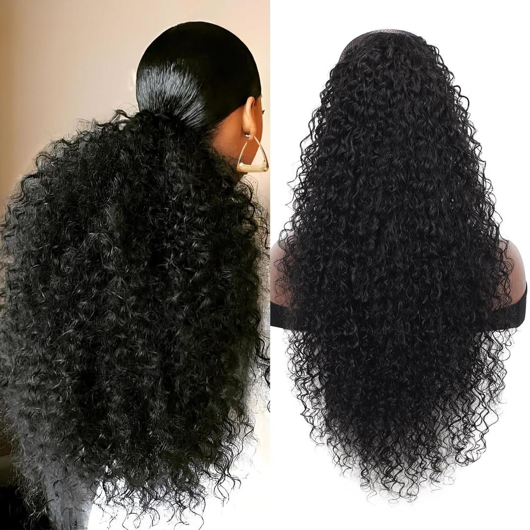 27 inch Drawstring Ponytail Extension for Women Deep Curly Ponytail Extension with Human Hair Afro Kinky Curly Long Protective Style Wave Ponytail (Black)