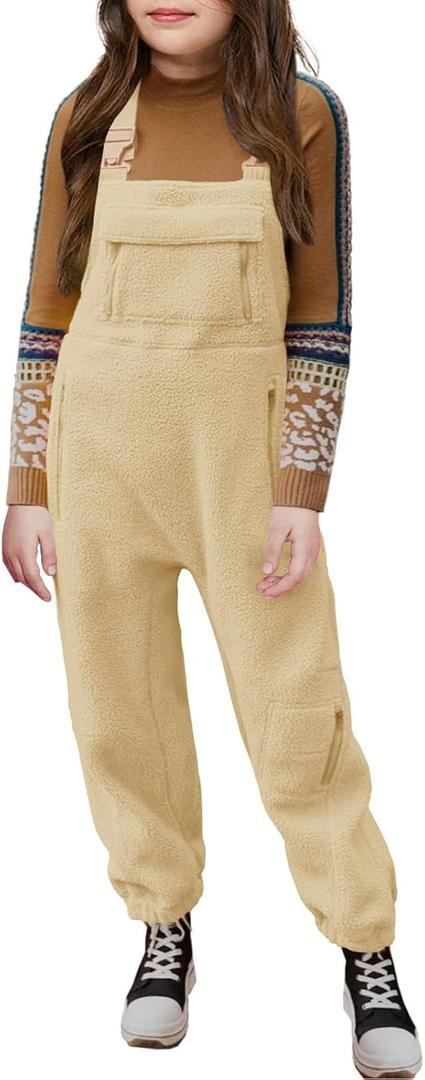 Meikulo Girls Fleece Overalls Kids Warm Winter Loose Casual Jumpsuits with Pockets 5-14 Years (10-12 Years, Khaki)