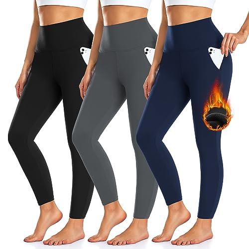 3 Pack Fleece Lined Leggings Women with Pockets -Warm Winter Yoga Pants for Women Thermal Running Workout Leggings Black/Grey/Navy XL