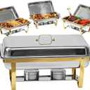 9Qt Chafing Dishes for Buffet, 4 Pack Gold 304 Stainless Steel Chafing Dish Sets, Complete Buffet Server and Warmers Set with Multiple Size Pans for Parties