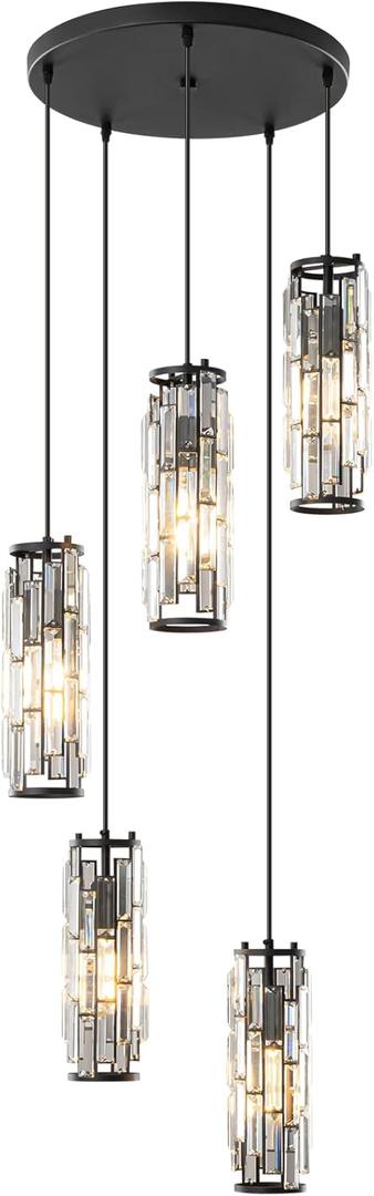 LMQNINE Pendant Light, Black Modern Pendant Light Fixtures, Mini Crystal Chandeliers, Adjustable 5-Light Pendant Lighting for Kitchen Island Dinning Room Bedroom (Black 5-Light)
