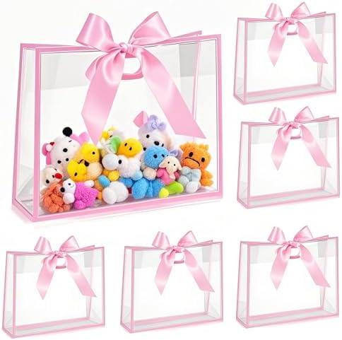 ZJHiome 8pcs Large Clear Gift Bags with Handles,Reusable PVC Gift Bag with Ribbon Bow for Graduation Christmas Easter Wedding Baby Shower Birthday Party Small Business (Pink), Set of 2