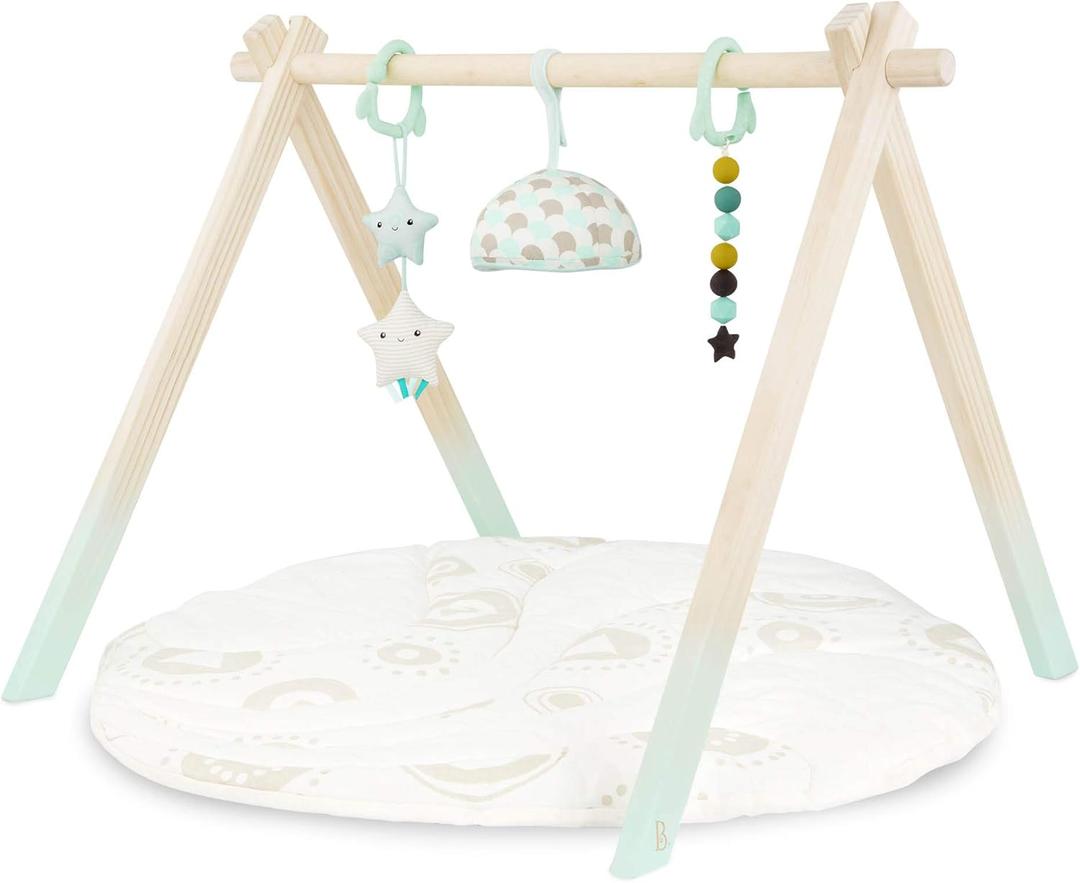 B. toys- B. baby- Wooden Baby Play Gym  Activity Mat  Starry Sky  3 Hanging Sensory Toys  Natural Wood  Babies, Infants