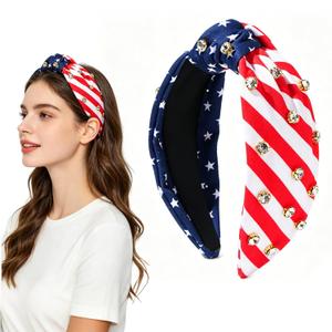 American Flag Knotted Headband for Women, 4th of July Headband with Rhinestones, Patriotic USA Flag Hair Accessories for Independence Day, Parade, Party and Daily Wear