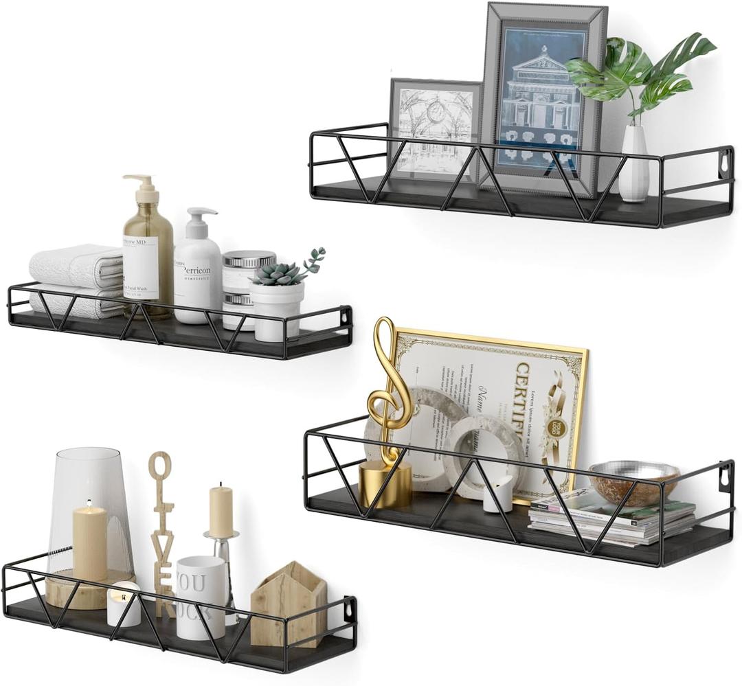 Amaoot Floating Shelves Set of 4, Home Wood Wall Shelf, Farmhouse Shelf for Bedroom, Wall Mounted Floating Shelf for Living Room, Bedroom, Bathroom, Kitchen, Office (Black)