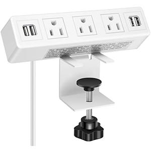 3 AC Outlet Desk Clamp Power Strip White, Desk Mount USB Charging Power Station, Removable Desktop Edge Power Center Plugs Output 125V/ 60HZ/ 12A/ 1500W, USB 5V/ 4A 6.56FT Cable