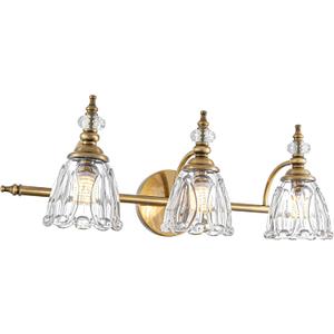 Brushed Gold Bathroom Vanity Light, Farmhouse Brass Bathroom Light Fixtures Over Mirror, 3 Light Vanity Lighting Fixtures, Flower Glass Shade Wall Sconce Lighting