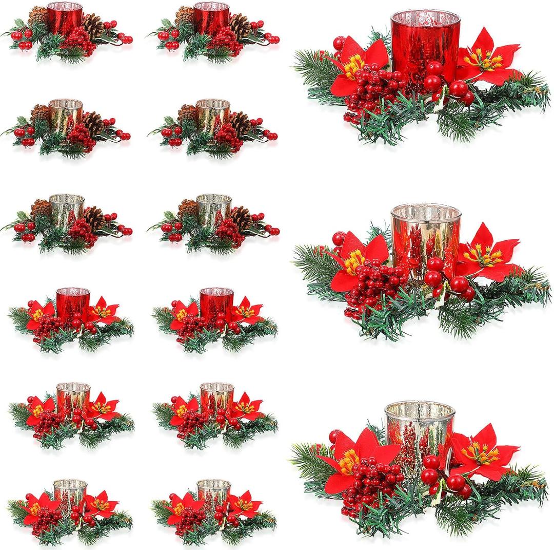 Ceenna Set of 24 Christmas Candle Rings Wreaths Norfolk Pine Garland Red Berry Poinsettia and Artificial Berries Pine Garland Candle Ring Holder for Christmas Wedding Home Table Centerpiece Party