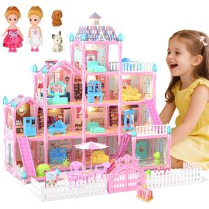 Randhar Doll House for Girls with Lights, 3 Dolls, 4 Floors -13 Rooms, 7 Sets of Furniture and Accessories, Design and Build Gift for 3 4 5 6 7 8+ Year Old Girls (Pink)