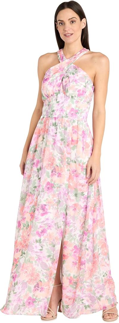 R&M Richards Women's Elegant Halter Chiffon Maxi Dress W/Criss-Cross Neckline & Panel Waistband (12 Petite)