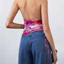 MakeMeChic Women's Floral Halter Top Draped Tie Dye Mesh Backless Ruched Drawstring Tank Tops (Pink, M)