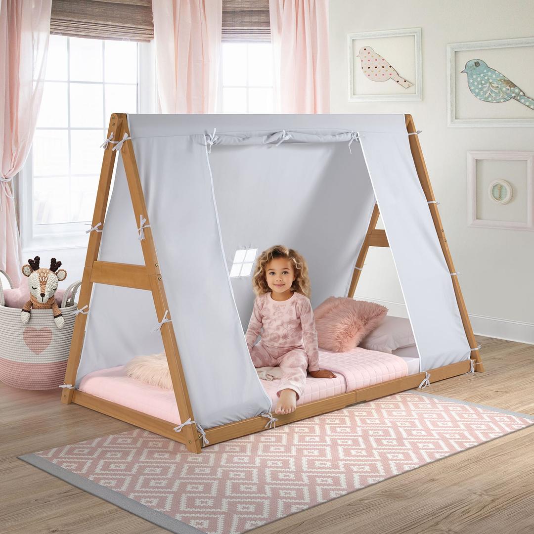 Kid's Tent Twin Floor Bed – Grey Tent with Natural Frame