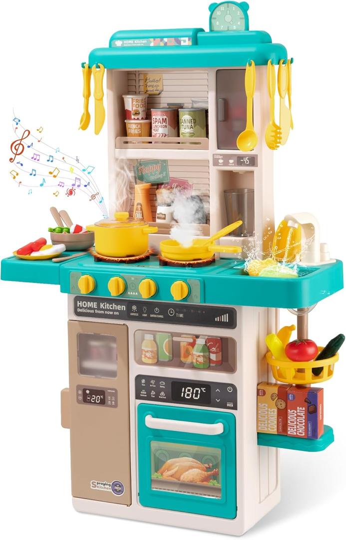 Kids Kitchen Play Set Interactive Kids Kitchen Play Set with 50Pcs of Pretend Kitchen Toys Realistic Sound Effect sand Simulated Functionality - Suitable for Toddlers Aged 3-5 Years (Green)