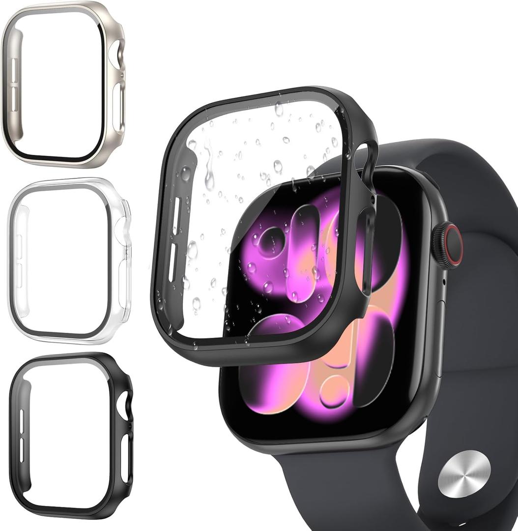 COMMUTER 3 Pack Case with Tempered Glass Compatible for Apple Watch Series 11/10 46mm, Hard PC Screen Protector with Tempered Glass Ultra-Thin Lightweight Scratch-Resistant Cover for iWatch 11/10 (Black/Clear/Starlight)