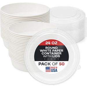 24oz Round White Paper Bowls (50-Pack) - Water & Oil Proof, Disposable