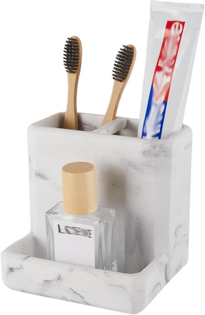 Toothbrush Holder for Bathrooms Organizer Countertop Organizer Accessories, with 3 Compartment Storage for Toothbrush Toothpaste Floss Razors, White Imitation Marble Finish Toothbrushholder03 (1 Pack)