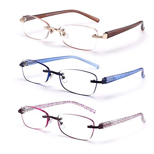 FEIVSN 3-Pack Rimless Reading Glasses For Women, Lightweight Spring Hinge Readers, Classic Elegant Artistic Eyeglasses UV 400 (Mix 3.0 Etc)