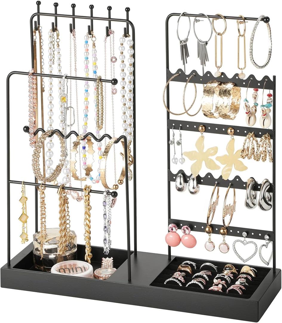 LAMU Jewelry Holder Organizer, 5-Tier Jewelry Stand with Metal Tree, Velvet Ring Holder, Anti Entanglement Necklace Holder and Studs Bracelet Earrings Display, Ideal Valentines Day Gifts, Black