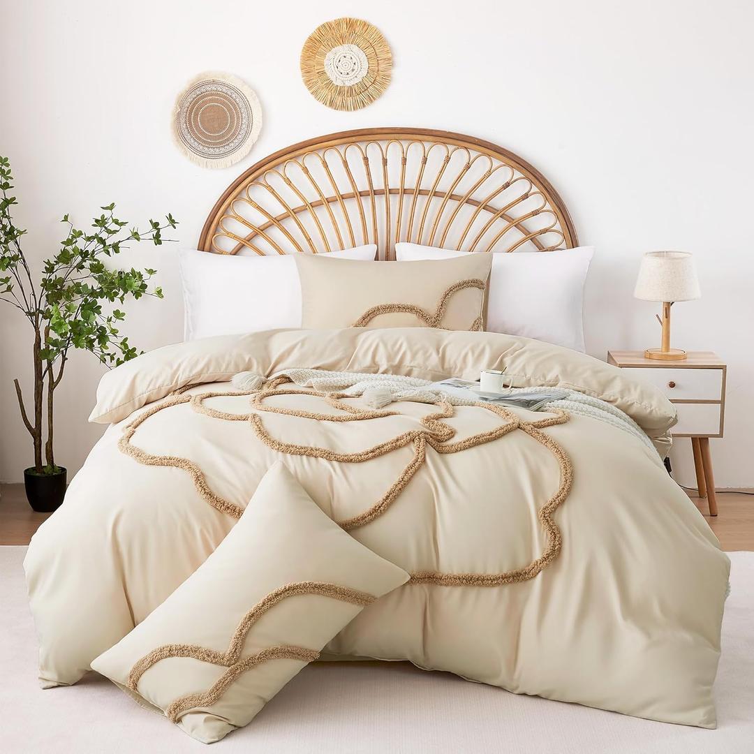 Ubo&Heng'er Duvet Cover King Size, 3 Pieces Duvet Covers Set, Boho Tufted Comforter Sets with Zipper Closur, Soft Breathable Floral Bedding Set for All Seasons(Beige,King, 104"x90")