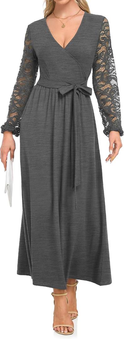 AUSELILY Women's Lace Dress Long Sleeve Maxi 2025 Fall V Neck Wrap Waist Formal Party Long Dresses with Pockets (M)