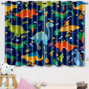 Dinosaur Curtains 2 Panels 63" Inch Drapes Boys Curtains for Bedroom Cute Dinosaur Themed Grommet Top Thermal Insulated Boys Room Curtain for Nursery, Navy Blue, 82" x 63"