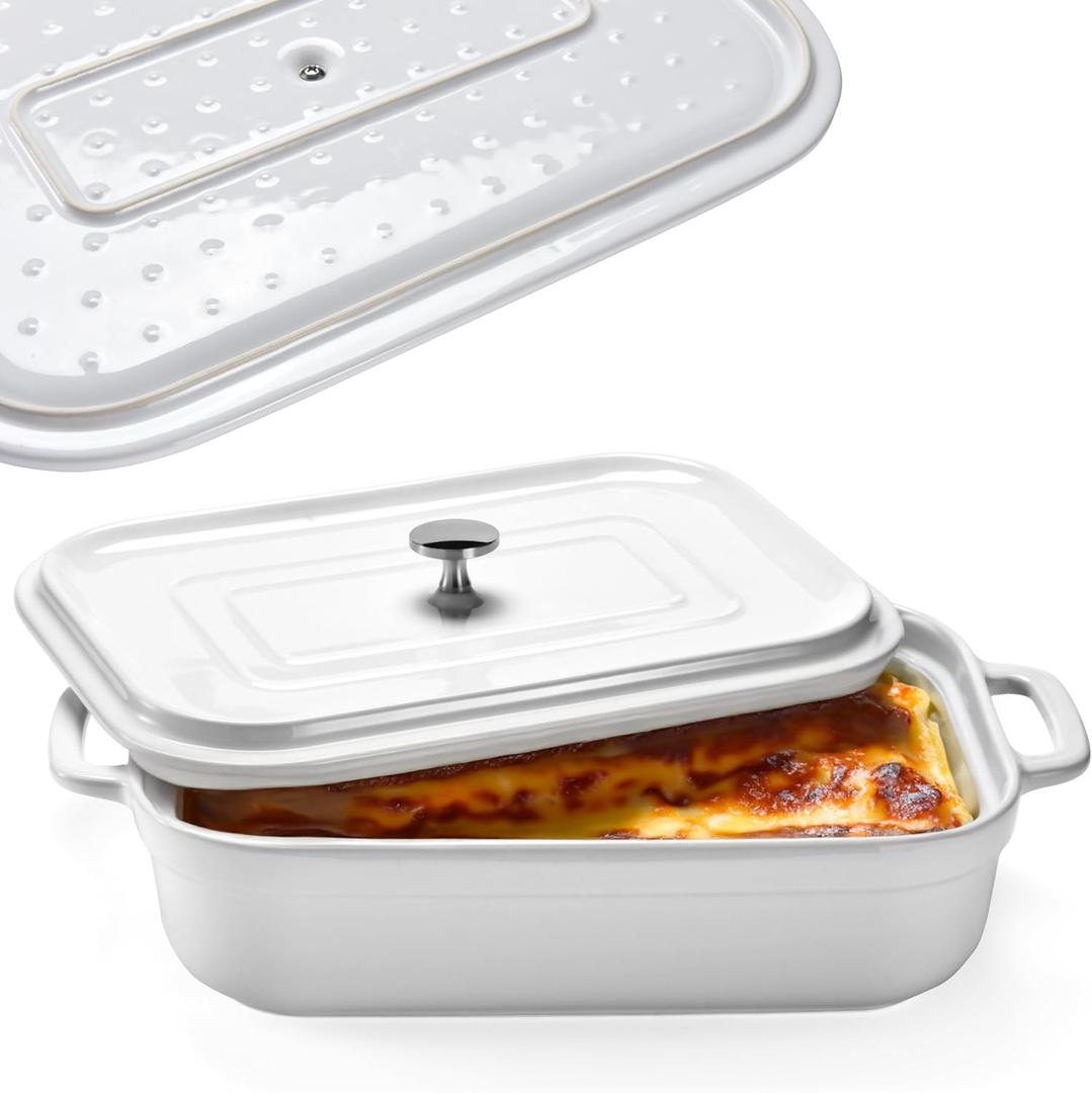 Stoneware Casserole With Lid - Rectangular Pan with Lid - Covered Stoneware Cookware Pans Stone Set - Freezer & Oven Safe Stone Bakeware for Baking, Lasagna, and Other Baked Dish, and Food Deep