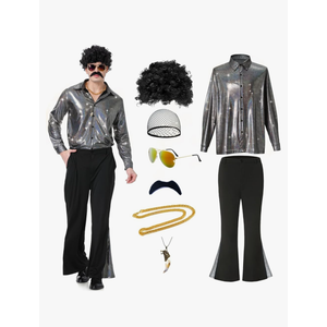 70s Disco Outfit for Men 70s Disco Costume with Satin Shirt Bell Bottom Pants Wigs Mustache Necklace Sunglasses for Party , Size M