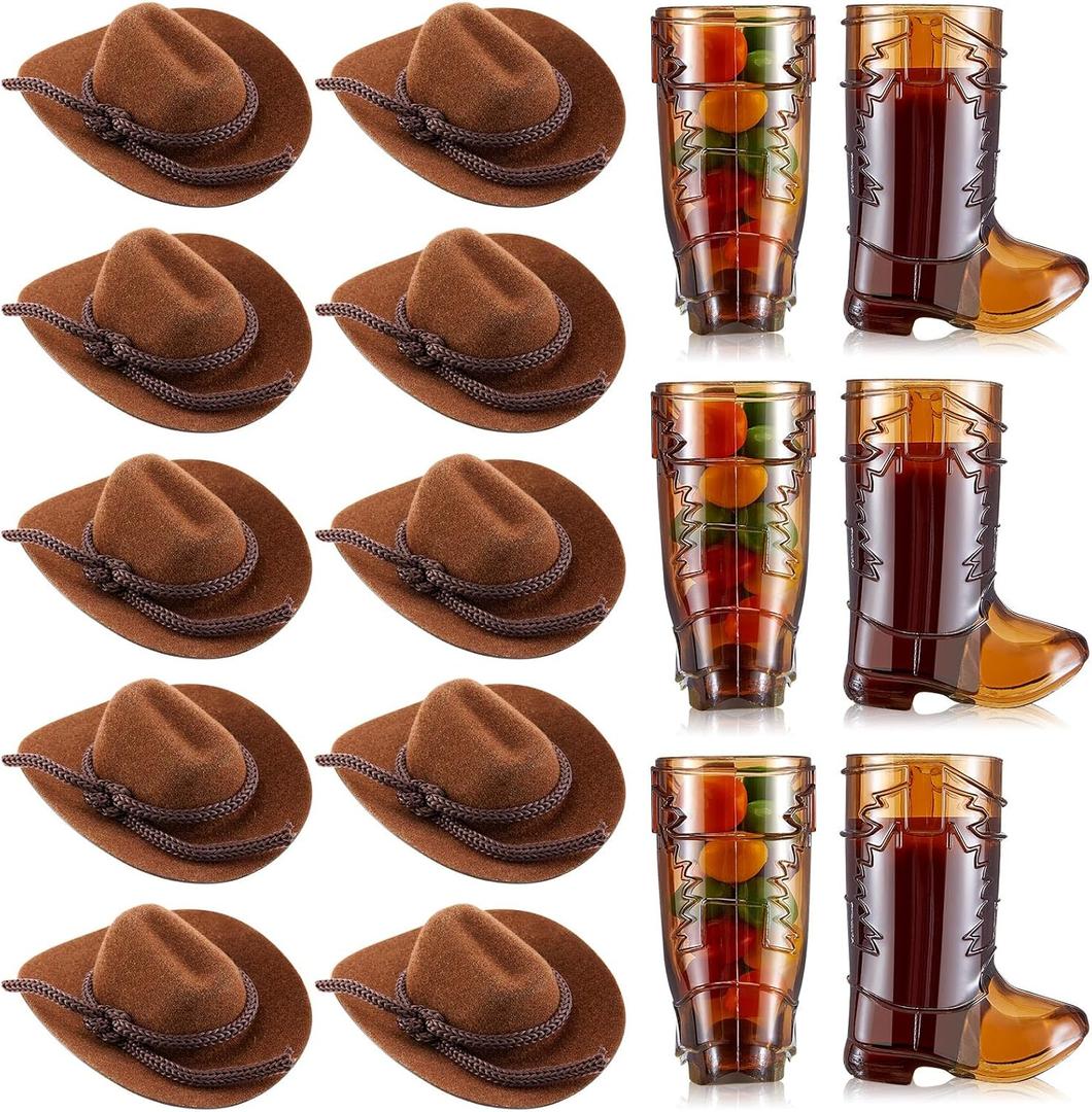 Hercicy 20 Pcs Mini Cowboy Hats and Boot Shot Glasses Cowgirl Decoration for Western Bachelorette Party Supplies(Brown)