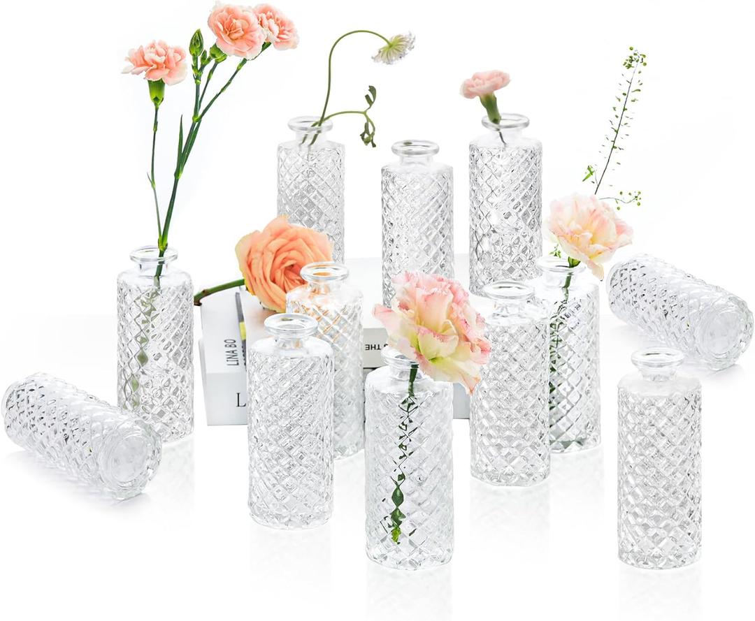 ComSaf Glass Bud Vases Set of 12, Small Diamond Bud Vases in Bulk, Mini Flowers Vases for Centerpieces, Vintage Bottle for Table Decorations, Wedding Decor, Recepetion, Home, (Clear)
