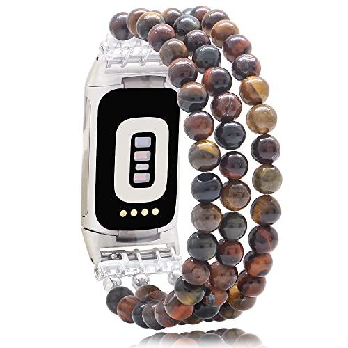 C&L Accessories Compatible with Fitbit Charge 6 & 5 Beaded Handmade Adjustable Bracelet Replacement Bands for Women (Rainbow Tiger Eye)