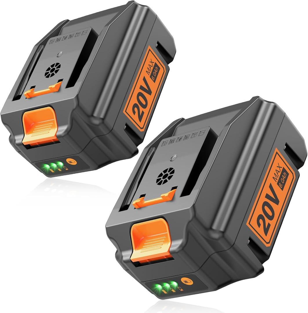 2 Packs 20V 6.0Ah Lithium Battery Replace for Worx 20V Power Share Battery, Compatible with Worx 20 Volt WA3575 WA3525 WA3578 WA3520 WA3742 WG151s WG155s WG251s WG255s WG540s WG545s WG890
