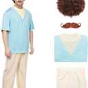 Wrestler Costume for Men, Halloween Leisure Costume Blue T-shirt Pants Wig Beard (Medium)
