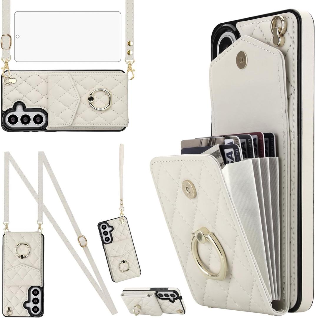 Asuwish Phone Case for Samsung Galaxy S26 Plus S26+ 5G Wallet Cell Cover with Tempered Glass Screen Protector Wrist Strap Ring RFID Blocking Card Holder S26Plus 26S + S 26 26+ Women Girls Off White