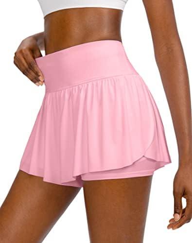 Flowy Running Shorts for Women with 4 Pockets 2 in 1 High Waisted Women's Butterfly Workout Athletic Tennis Skirt Shorts, Large