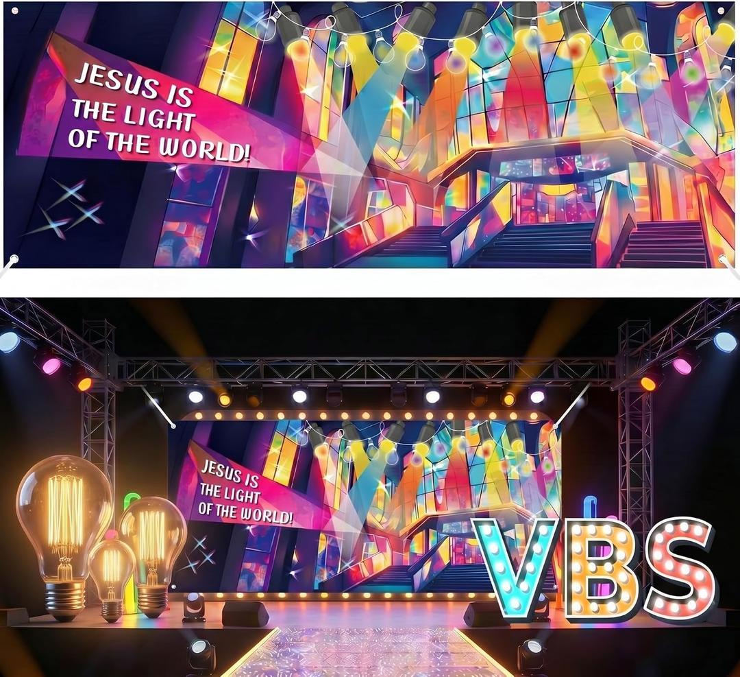 Frienda 18 x 6 ft VBS 2026 Backdrop Decorations Illumination Themed Light Flashing Backdrop Jesus is The Light of The World Religious Background for Church VBS Christian Party Decoration