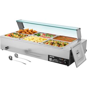 VEVOR Commercial Food Warmer, 1500W Electric Stainless Steel Steam Food Warmer with Glass Cover, 6 x 1/2 Size Pans Buffet Bain Marie with Soup & Perforated Ladles, for Catering, Restaurant & Party