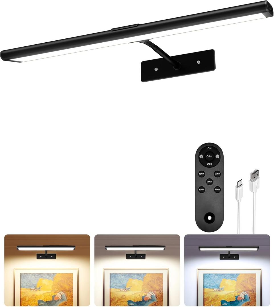 EZVALO Picture Light for Wall, 13'' Black Rechargeable 4800mAh Battery Lights Wireless with IR Remote, Magnetic LED Art Painting Light with 3 Color Temperatures, Display for Gallery, Living Room